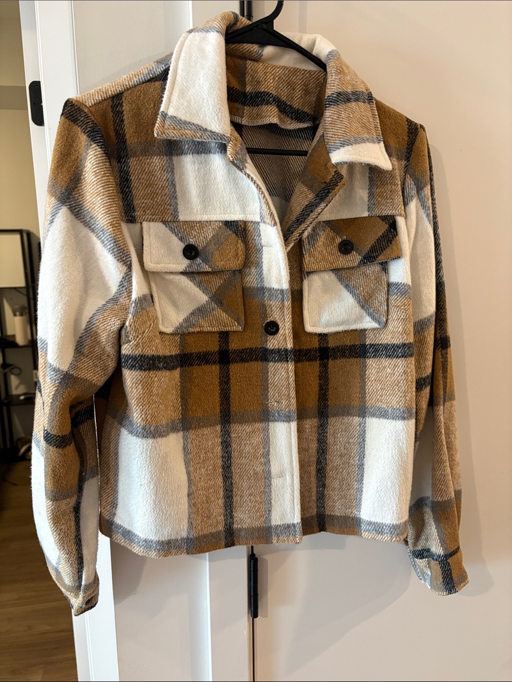 SHEIN Plaid Teddy Shacket in Cream and Brown